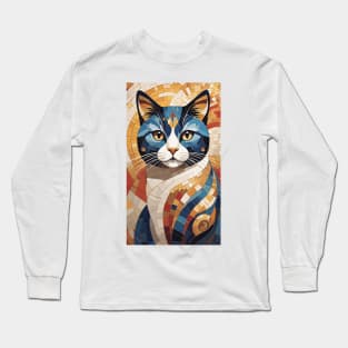 Gustav Klimt's Chromatic Cat: Colorful Feline Illustration Long Sleeve T-Shirt